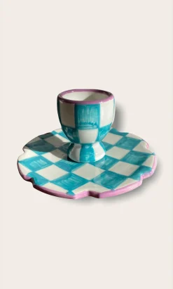 Blue Check Egg Cup + Small Plate>Plümo Clearance